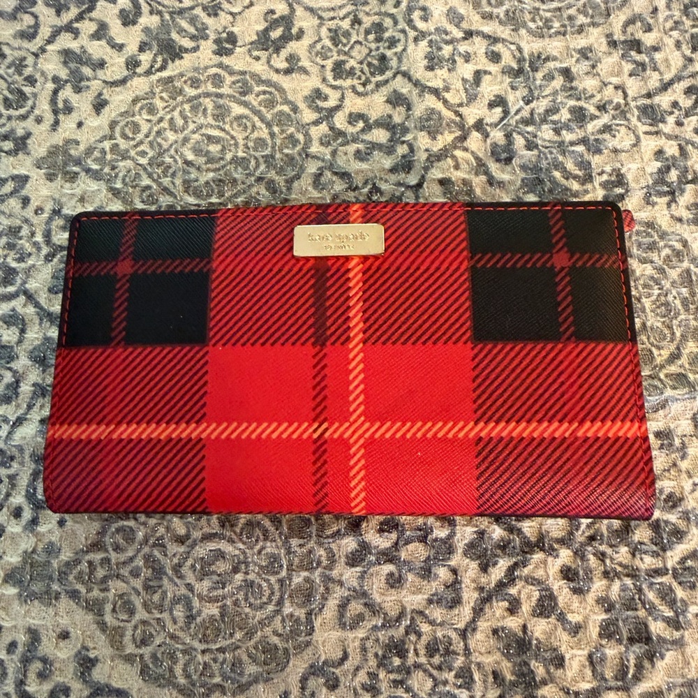 kate spade Red and Black Plaid Zip Wallet with Gold Logo Plate